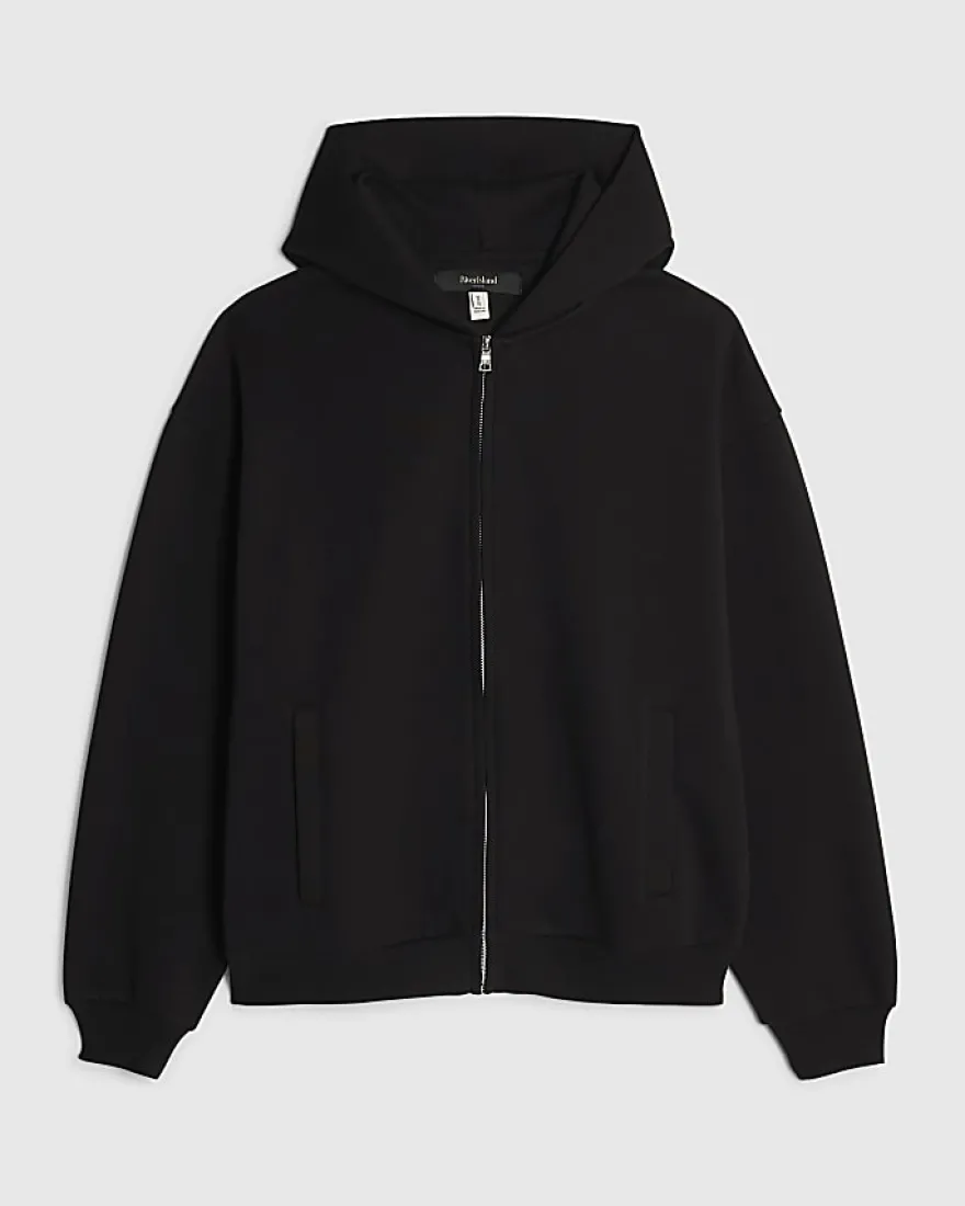 Black Oversized Fit Zip Through Hoodie