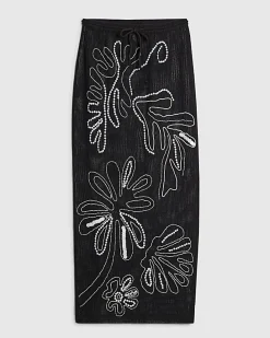 Black Palm Embroidered Sarong Skirt