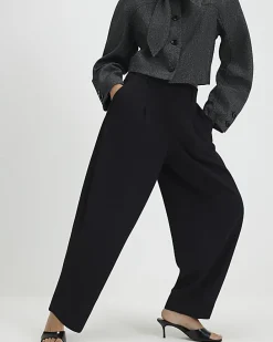 Black Pleated Barrel Leg Trousers