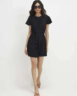 Black Pleated Short Sleeve Mini Shift Dress