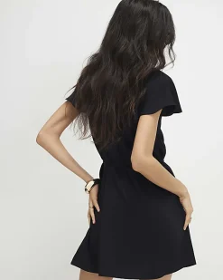 Black Pleated Short Sleeve Mini Shift Dress