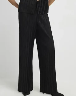 Black Plisse Wide Leg Trousers