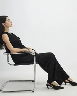 Black Plisse Wide Leg Trousers