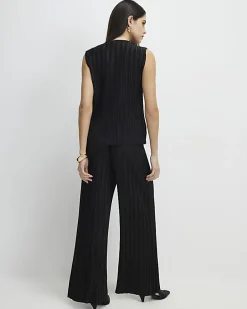 Black Plisse Wide Leg Trousers