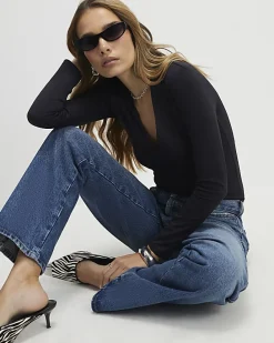 Black Plunge Neckline Long Sleeve Bodysuit