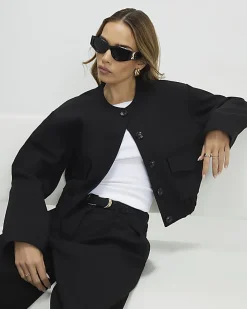 Black Pocket Detail Bomber Jacket