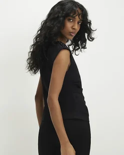 Black Ponte Sleeveless Button Detail Top