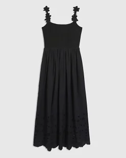 Black Poplin Broderie Tie Back Midi Dress