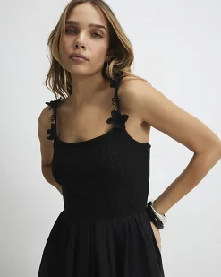 Black Poplin Broderie Tie Back Midi Dress