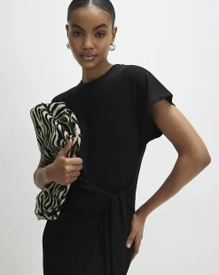 Black Premium Short Sleeve Knot Midi Dress