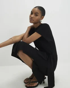 Black Premium Short Sleeve Knot Midi Dress
