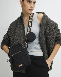 Black quilted zip pocket cross body bag