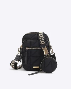Black quilted zip pocket cross body bag
