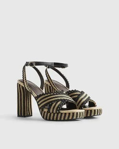 Black Raffia Stripe Platform Heeled Sandals