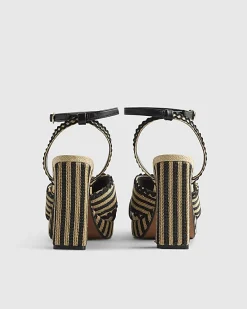 Black Raffia Stripe Platform Heeled Sandals
