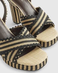 Black Raffia Stripe Platform Heeled Sandals