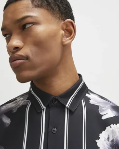 Black Regular Fit Floral Print Shirt