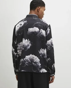 Black Regular Fit Floral Print Shirt