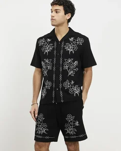 Black Regular Fit Floral Embroidered Shirt