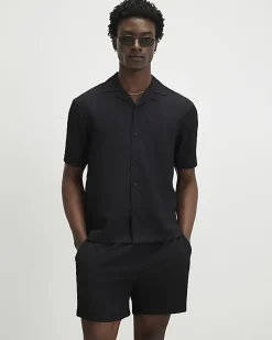 Black Regular Fit Textured Shirt & Short Set