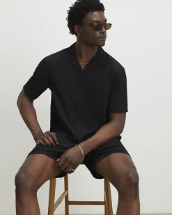Black Regular Fit Textured Shirt & Short Set