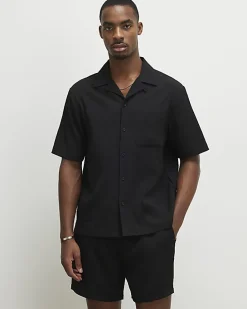 Black Regular Fit Textured Revere Shirt