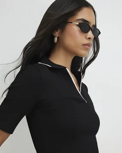 Black Ribbed Polo Top