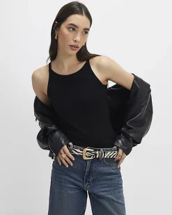 Black Ribbed Racer Front Tank Top