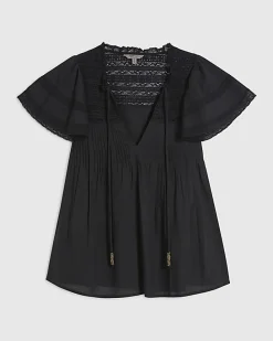 Black Ruffle Sleeve Lace Blouse