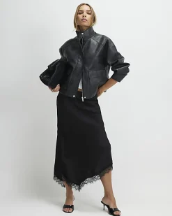 Black Satin Asymmetric Lace Trim Midi Skirt