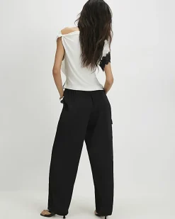 Black Satin Cargo Trousers