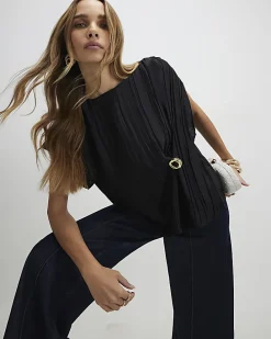 Black Satin Plisse Gold Detail Top