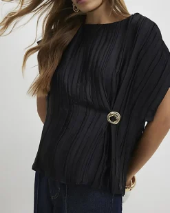 Black Satin Plisse Gold Detail Top