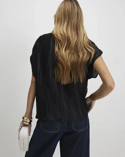 Black Satin Plisse Gold Detail Top