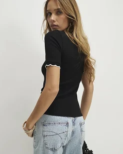Black Scallop Trim Fitted T-Shirt