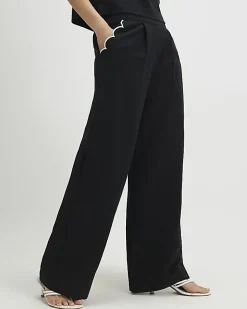Black Scallop Trim Wide Leg Trousers