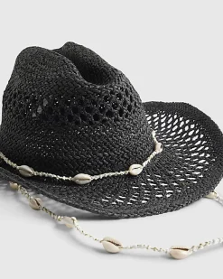 Black Shell Band Raffia Hat