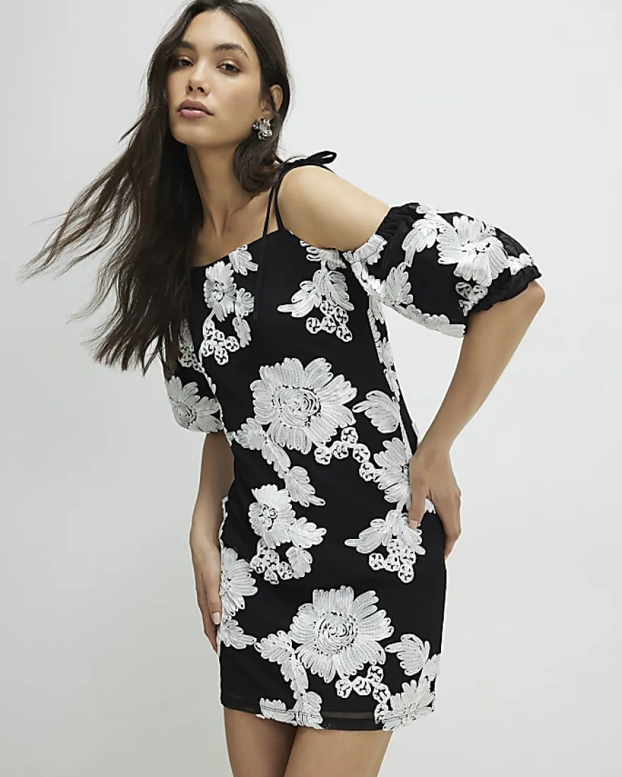 Black Short Sleeve Cornelli Mini Dress