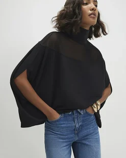 Black Short Sleeve Cosy Mesh Cape Top