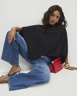 Black Short Sleeve Cosy Mesh Cape Top
