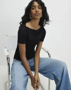 Black Short Sleeve Cotton Boat Neck Top