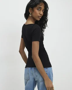 Black Short Sleeve Cotton Boat Neck Top