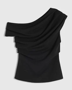 Black Short Sleeve Drape Off Shoulder Top