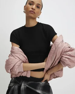 Black Short Sleeve Fitted Ribbed Top