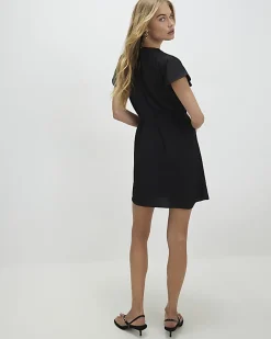 Black Short Sleeve Pleated Neck Mini Dress