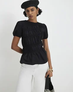 Black Short Sleeve Shirred Top
