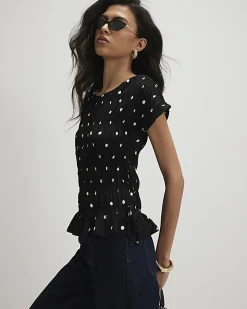 Black Short Sleeve Shirred Polka Dot Top
