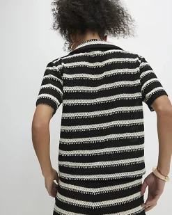 Black Short Sleeve Striped Crochet Shirt
