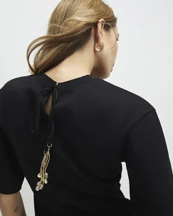 Black Short Sleeve Tie Back Seamed Top