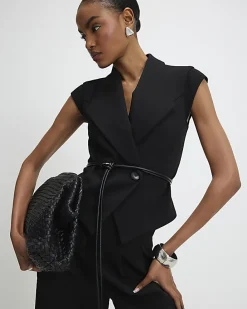 Black Sleeveless Belted Waistcoat